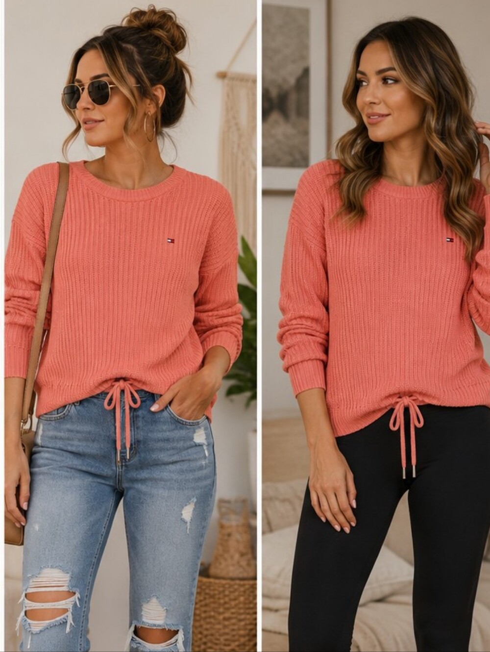 TOMMY HALFIGER CORAL Rip Knit Tie UP Hem Sweater ♠️